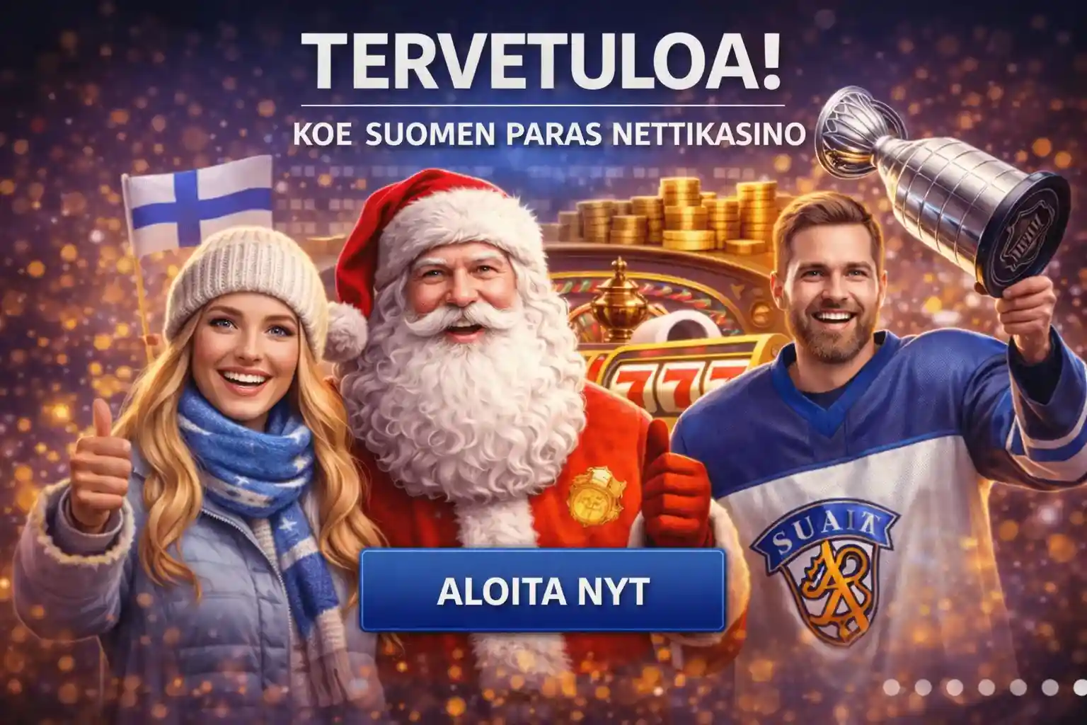 Aloita pelaaminen Suomalaiset hahmot ja kasinopelit tervetulobannerissa juhlatunnelmalla