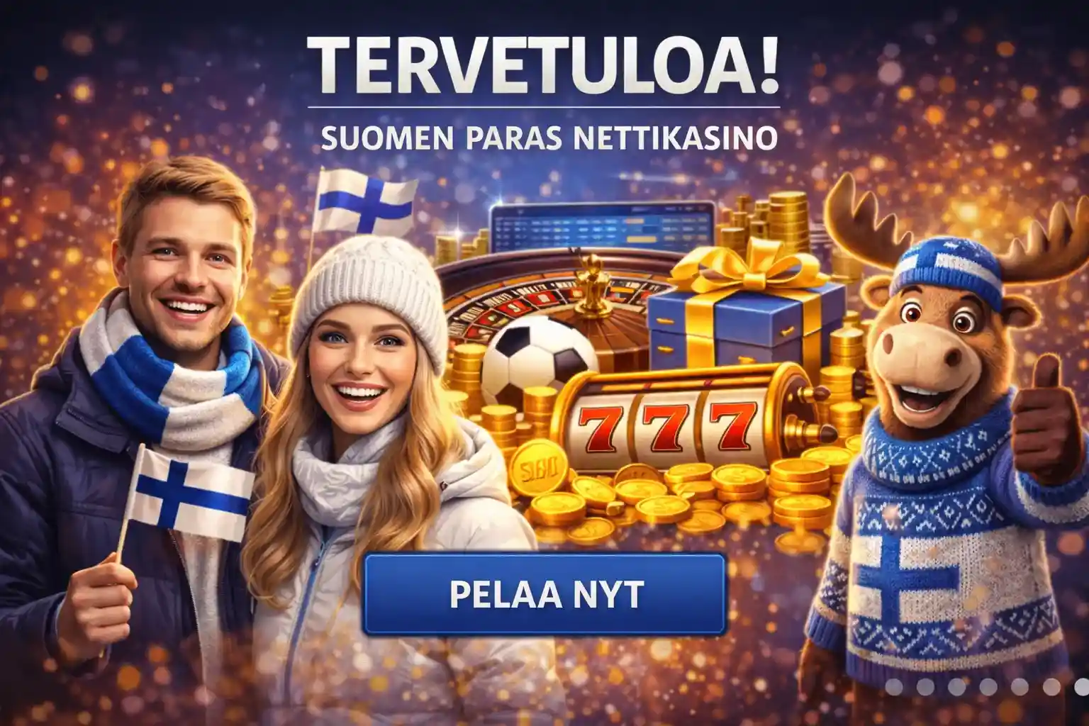 Tervetuloa kasinoon Suomalaiset pelaajat ja kolikkopelit juhlatunnelmassa kasinobannerissa