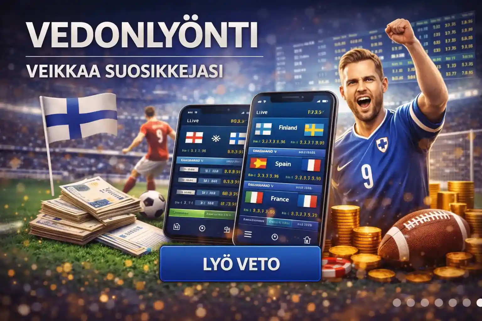 Jalkapallo, vedonlyöntisovellus ja suomalainen pelaaja stadionilla